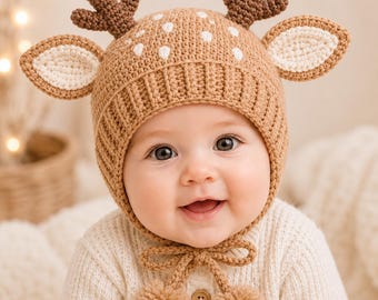 Baby Hat Crochet Pattern, Woodland Fawn Bonnet with Deer Ears & Antlers, Newborn-12M Photo Prop