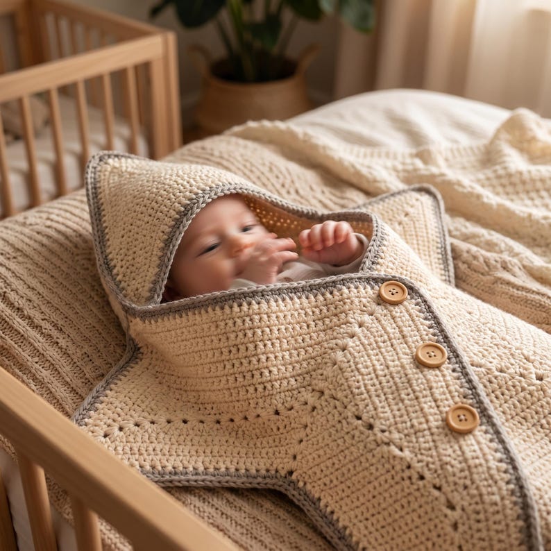 Star Pattern Crochet Baby Cocoon, Hooded Star Wrap Pattern for Newborn ...