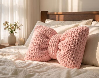 Crochet Pillow Pattern Bow Cushion, Cloud Puff Coquette Design for Cozy Bedroom Decor DIY Gift Idea