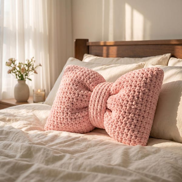 Crochet Pillow Pattern Bow Cushion, Cloud Puff Coquette Design for Cozy Bedroom Decor DIY Gift Idea