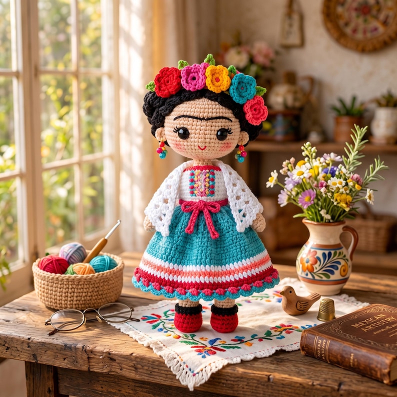 May include: A crocheted doll with black hair, a colorful floral crown, and dangling earrings. The doll wears a white top with embroidery, a teal skirt with a white and red hem, and red shoes. The doll has large black eyes and a small smile.