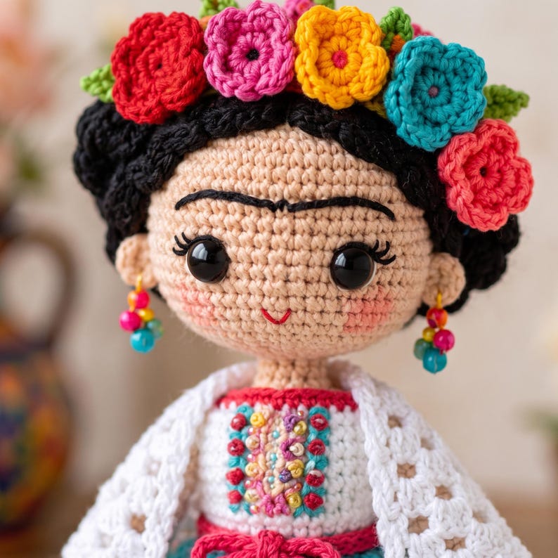May include: A handcrafted crochet doll featuring black hair styled with a vibrant floral crown of red, pink, yellow, and blue flowers. The doll has large black eyes, pink cheeks, and wears dangling multi-colored bead earrings and a white shawl.