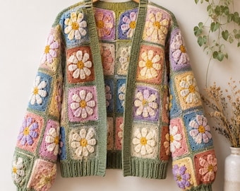 Crochet Granny Square Cardigan Pattern, Meadowburst Daisy & Sage Ribbed Floral Sweater PDF for Cozy Wardrobe