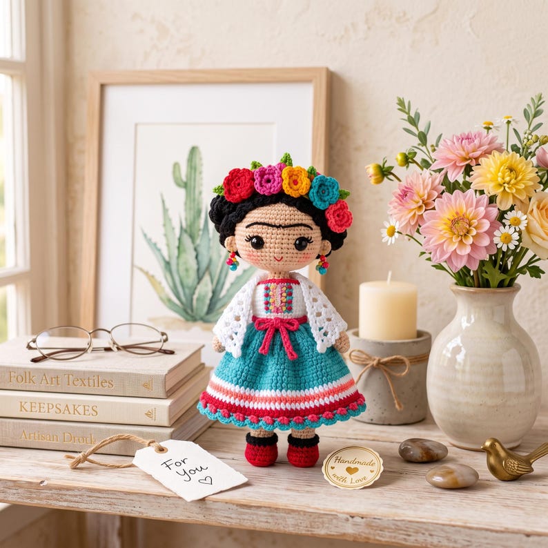 May include: A crocheted doll featuring dark hair styled with a colorful floral crown, wearing a white shawl over a teal skirt with red and white striped accents. The doll has black eyes, a small smile, and red shoes, standing upright on a wooden surface.
