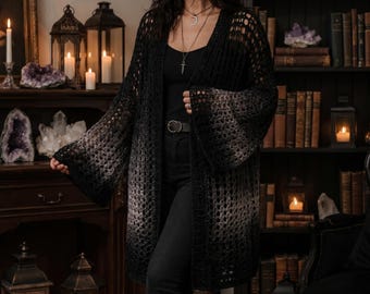 Gothic Crochet Patterns Midnight Veil Duster Cardigan for Witchy Cottagecore Outfits & Alternative Fashion Lovers