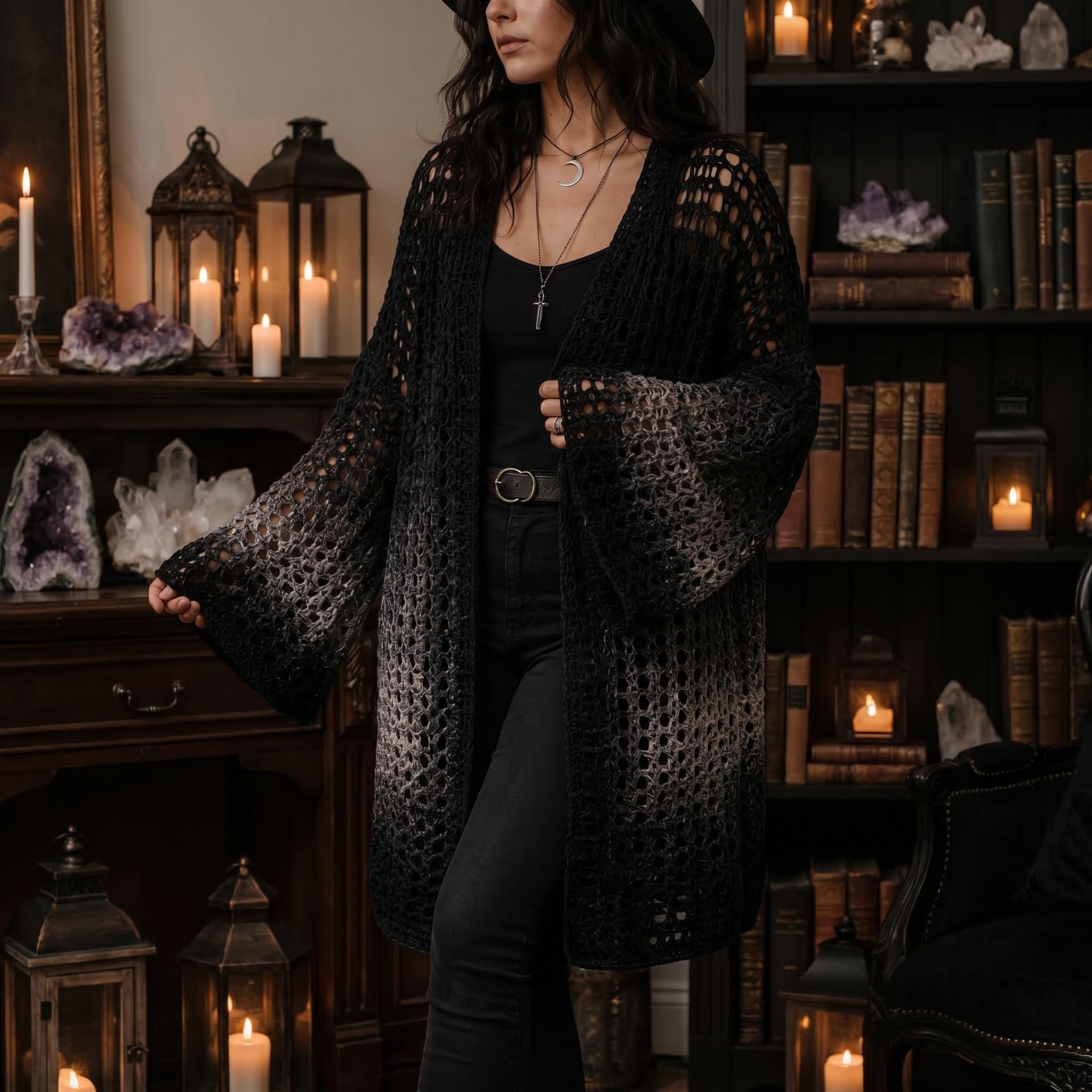 30 Witchy Crochet Patterns for Spooky, Celestial, and Gothic Makes 20 Midnight Veil Gothic Duster Cardigan Crochet Pattern
