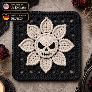 Motivi gotici all'uncinetto: teschio, fiore, quadrato della nonna per coperte, borse e amanti dell'arredamento dark.