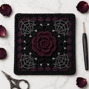 Gothic Crochet Pattern, Midnight Rose Web Granny Square for Blankets, Tote Bags & Wall Decor PDF
