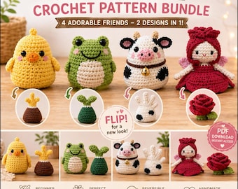 Reversible Crochet Pattern Chick & Frog Flip Toys, 4-in-1 Amigurumi Bundle PDF for Gifts and Beginners