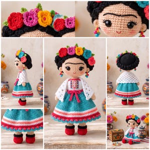 May include: A crocheted doll featuring black hair styled with a colorful floral crown, large dark eyes, and a unibrow. The doll wears a white shawl, a teal skirt with pink and white stripes, and red shoes. The doll is shown from multiple angles.
