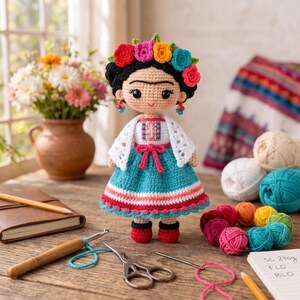 May include: A crocheted doll with black hair, a colorful floral crown, and a white shawl over a teal skirt with pink and white trim. The doll features embroidered facial details, small dangling earrings, and red shoes, standing on a wooden surface.