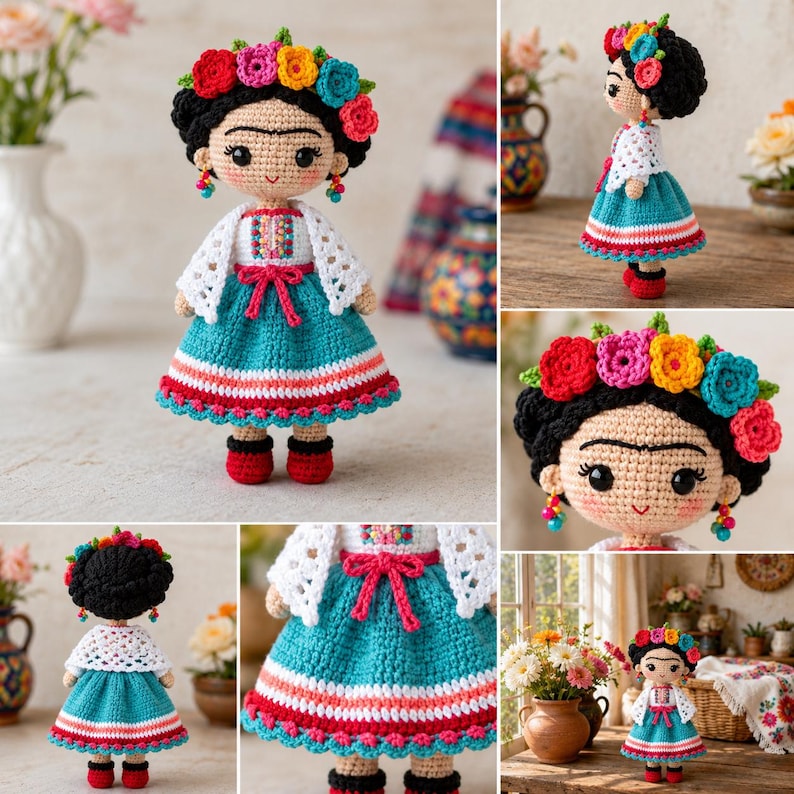 May include: A crocheted doll with black hair styled in a bun, adorned with a crown of colorful flowers. The doll wears a white lace-trimmed shawl over a teal skirt with red and white stripes, and red shoes with black cuffs, featuring dangling earrings.