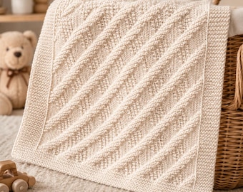 Knitted Baby Blanket Pattern, Diagonal Ridge Nursery Blanket, New Mom Gift Pattern, Easy DIY Baby Shower Keepsake Knit