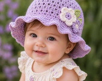 Crochet Baby Hat Pattern, Ruffle Sun Hat with Flower, Easy Summer Baby Hat Pattern for Girls, DIY Gift