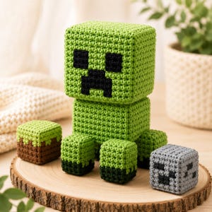 May include: A green crocheted cube-shaped creature with a black pixelated face, accompanied by two smaller crocheted cubes: one with a green top and brown base, and another in grey with black pixelated markings, all crafted with yarn.