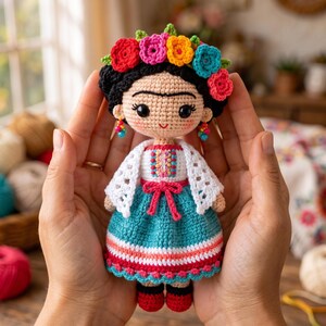May include: A handcrafted crochet doll featuring black hair styled with a vibrant floral crown of red, pink, yellow, and blue flowers. The doll wears a white top with colorful embroidery, a white shawl, and a teal skirt with red and white trim.