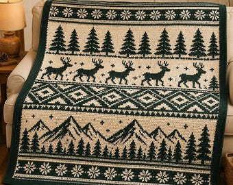 mosaic crochet pattern Deer and Pine Trees Cozy Blanket Pattern for Rustic Home Decor