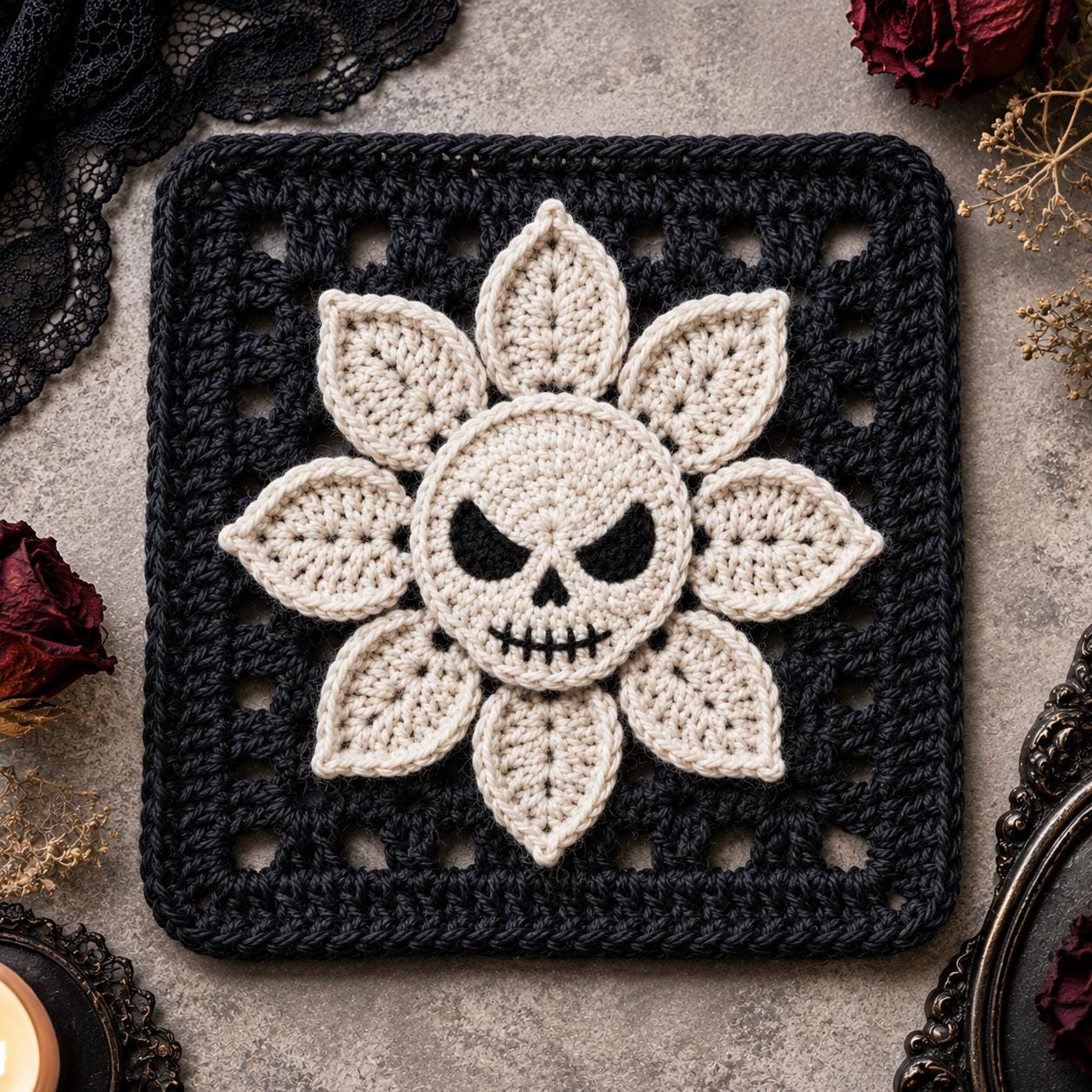 Gothic Crochet Patterns Skull Flower Granny Square