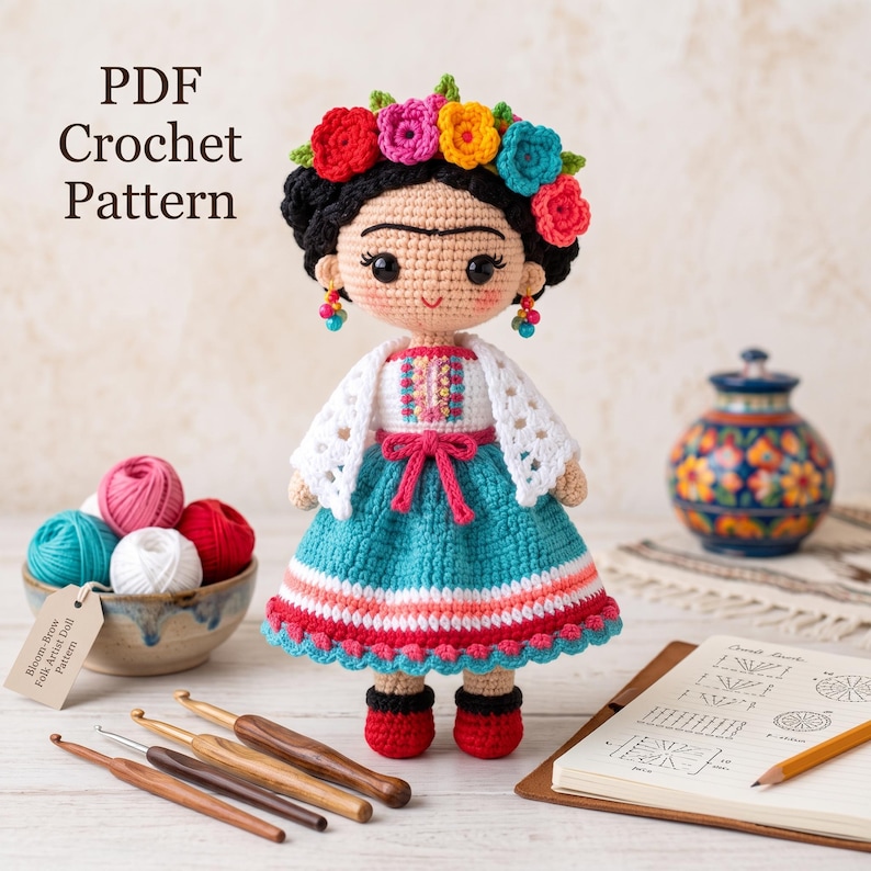 May include: A crochet doll with black hair, a colorful floral crown, and dangling earrings. The doll wears a white top with embroidery, a teal skirt with pink and white stripes, and red shoes. Text reads: PDF Crochet Pattern. Bloom-Brow Artist Doll Pattern.