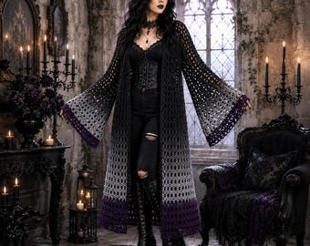 Gothic Crochet Pattern Mesh Duster Cardigan, Witchy Bell Sleeve Robe PDF, Dark Romance Cover Up for Alternative Fashion