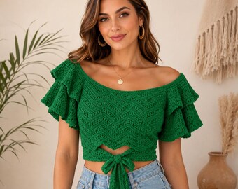 Wzór na szydełkowy top XS-3XL, szmaragdowy top z odkrytymi ramionami i wiązaniem z przodu, z bufiastymi rękawami, styl boho, letni, PDF