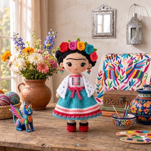 May include: A crocheted doll with dark hair, a floral crown, and a white shawl over a teal skirt with pink accents. The doll has a prominent unibrow, small earrings, and red shoes. It stands upright, featuring detailed yarn work and a colorful outfit.