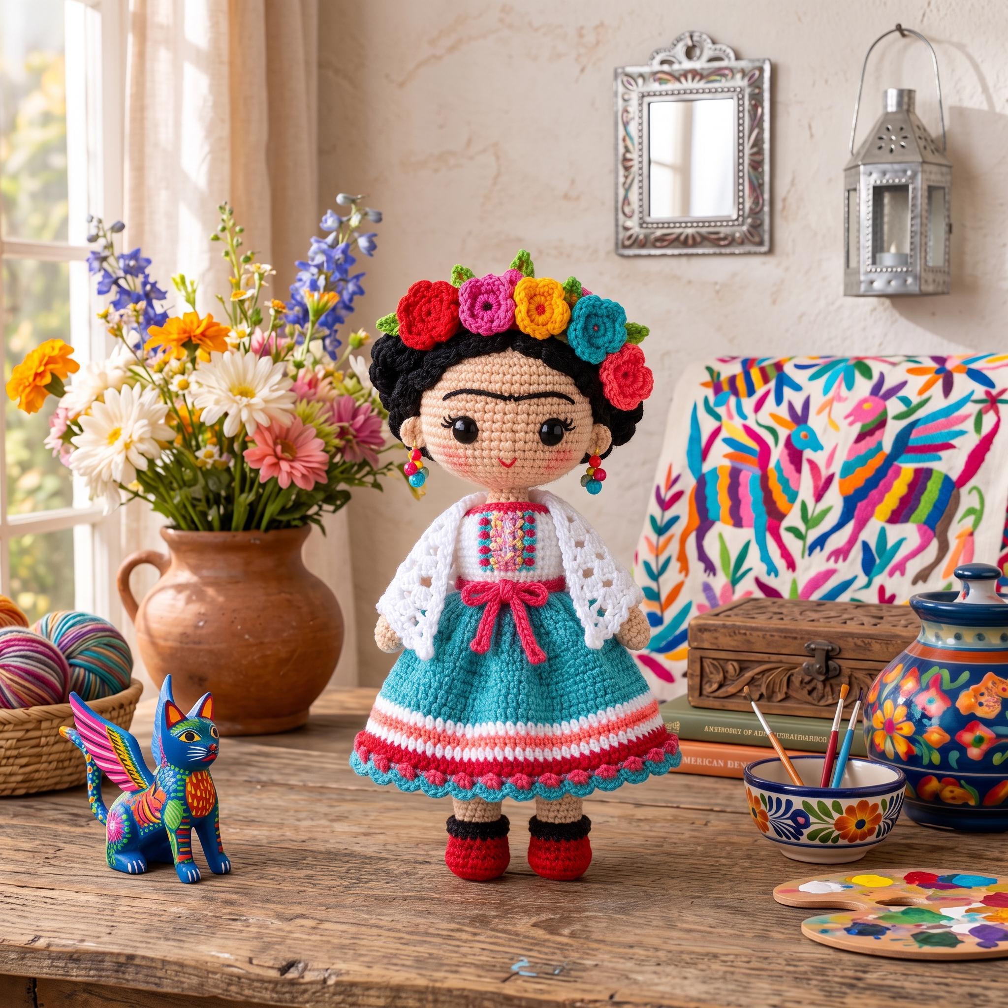May include: A crocheted doll with dark hair, a floral crown, and a white shawl over a teal skirt with pink accents. The doll has a prominent unibrow, small earrings, and red shoes. It stands upright, featuring detailed yarn work and a colorful outfit.