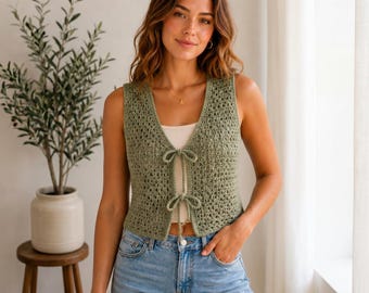 Crochet Vest Pattern for Women and Beginners, Front Tie Top PDF, Size Inclusive XS–3XL DIY Summer Layering Piece