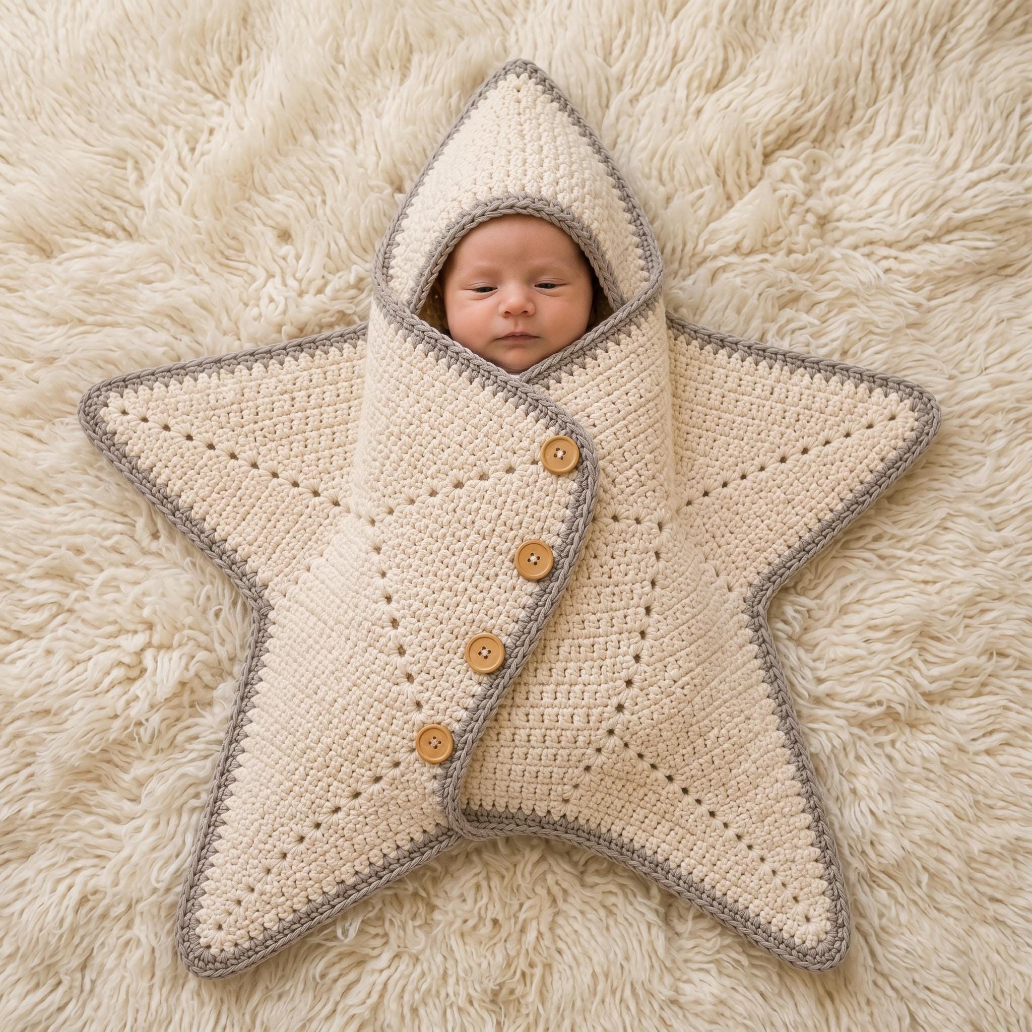 Star Pattern Crochet Baby Cocoon, Hooded Star Wrap Pattern for Newborn ...