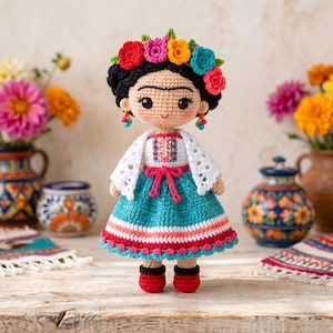 Frida Crochet Pattern, Bloom-Brow Folk Artist Doll Amigurumi PDF, Flower Crown Decor Gift for Crocheters
