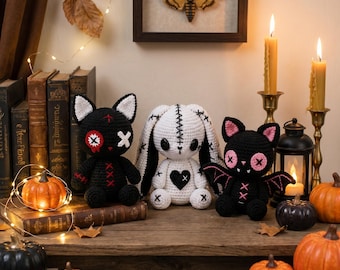 Cute Gothic Patterns Crochet PDF – Gothic Cat Bunny Bat Amigurumi Trio Pattern for Halloween Decor, Handmade Gift Makers & Plush Collectors