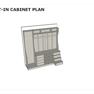 May include: A digital architectural rendering titled BUILT-IN CABINET PLAN showing a light gray storage unit with a tall vertical section, open upper shelving, a central countertop, a lower drawer stack, open cubbies, and a side drawer unit.