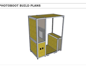 May include: A digital rendering of a photobooth build plans structure featuring a silver metal frame with yellow panels. The unit includes a tall enclosed section with a screen cutout and a lower open area. The text PHOTOBOOT BUILD PLANS is at the top.
