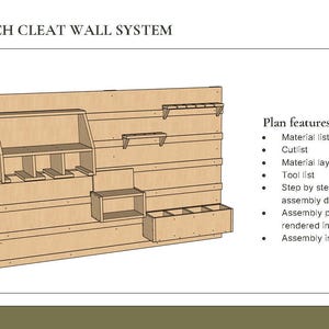 May include: A French cleat wall system diagram featuring a light wood panel with various attached storage shelves and bins. The text reads FRENCH CLEAT WALL SYSTEM and Plan features including Material list, Cutlist, Material layout sheet, Tool list, Step by step 3d assembly diagrams, Assembly parts rendered in white, and Assembly instructions.