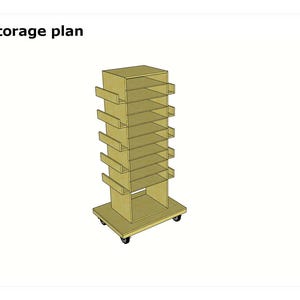 May include: A light-colored wooden storage unit with the text Tools storage plan at the top. The unit features a vertical tower design with multiple horizontal shelves and side-mounted dividers, all mounted on a base with four small wheels.