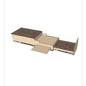 Puede incluir: Un diagrama técnico titulado Pull-Out Truck Kitchen Drawer Plan que muestra una estructura de madera de varios niveles con acabado en madera clara y superficies superiores oscuras y texturizadas. Incluye componentes deslizantes.