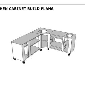 Könnte beinhalten: Eine technische Zeichnung mit dem Titel KITCHEN CABINET BUILD PLANS, die eine L-förmige Kücheninsel mit offenen Regalen, einem kreisförmigen Ausschnitt im Eckbereich, einem rechteckigen Ausschnitt am Ende und kleinen Rollen an der Basis zeigt.