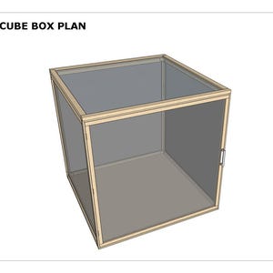 Puede incluir: Un dibujo técnico titulado ACRYLIC CUBE BOX PLAN que muestra una estructura de cubo tridimensional con un marco de madera clara y paneles grises transparentes. El diseño presenta un pequeño tirador plateado en el panel lateral derecho.