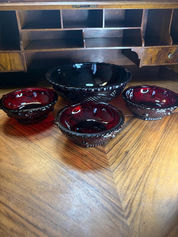 Vintage Avon 1876 Cape Cod Ruby Red Glass Bowl Set – Large Serving Bowl with Matching Small Bowls