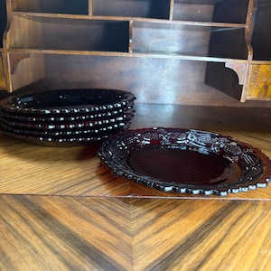 Vintage Avon Cape Cod Dessert Plates – Ruby Red Pressed Glass, Set of 6