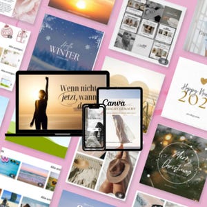 May include: A selection of digital design templates on a laptop, tablet, and smartphone. The designs feature winter and holiday themes, with text that reads "Hello Winter," "Merry Christmas," and "Happy New Year 2022."