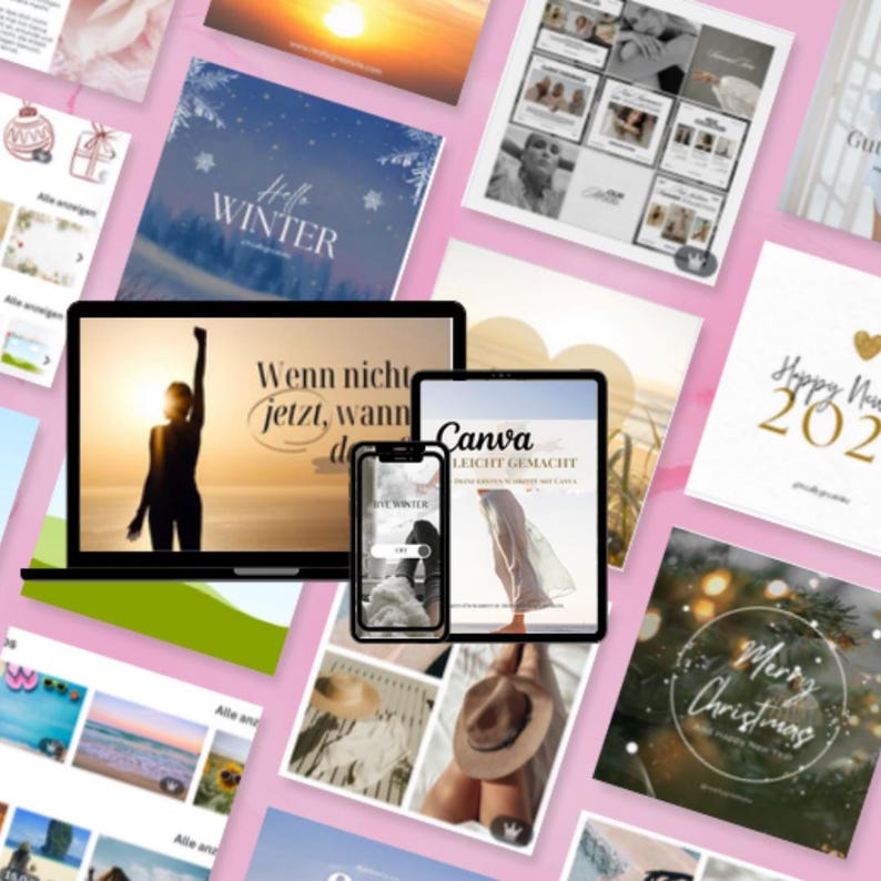 May include: A selection of digital design templates on a laptop, tablet, and smartphone. The designs feature winter and holiday themes, with text that reads "Hello Winter," "Merry Christmas," and "Happy New Year 2022."