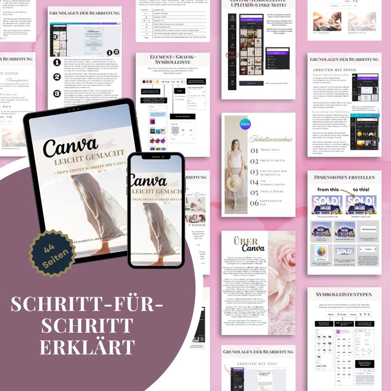 May include: A digital marketing guide titled "Canva Leicht Gemacht" displayed on a tablet and smartphone. The image shows a step-by-step guide with the text "Schritt-f&uuml;r-Schritt Erkl&auml;rt" and various design elements.