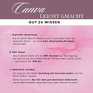 May include: A digital download advertisement featuring the Canva logo and the text "LEICHT GMACHT" and "GUT ZU WISSEN". The text details the digital download, PDF file format, and multiple uses. The background is a pink and white gradient.