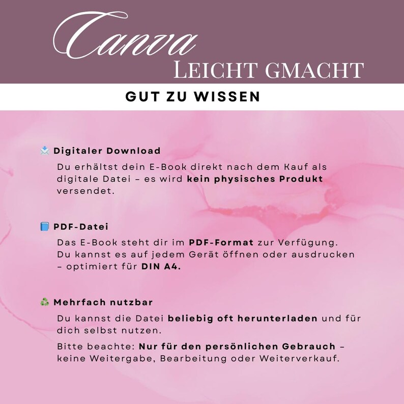May include: A digital download advertisement featuring the Canva logo and the text "LEICHT GMACHT" and "GUT ZU WISSEN". The text details the digital download, PDF file format, and multiple uses. The background is a pink and white gradient.