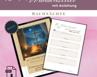 Puede incluir: Una descarga digital con una tableta y una hoja impresa con el texto "13+1 Wunschzettel" y "RAUHNÄCHTE". La tableta muestra una acogedora escena invernal con un fuego y una ventana. La hoja impresa tiene líneas para escribir.