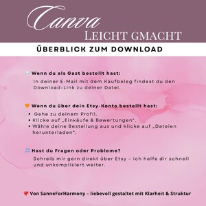 May include: A pink and white graphic with the word "Canva" in a script font at the top. The text "LEICHT GMACHT" and "&Uuml;BERBLICK ZUM DOWNLOAD" are also visible. Instructions on how to download a file are listed.