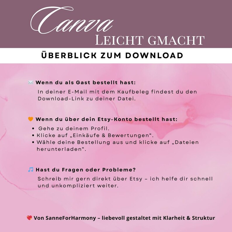 May include: A pink and white graphic with the word "Canva" in a script font at the top. The text "LEICHT GMACHT" and "&Uuml;BERBLICK ZUM DOWNLOAD" are also visible. Instructions on how to download a file are listed.