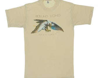 vintage 1975 Rolling Stones Tour Of The Americas Shirt, 70s Vintage Rock Band Shirt, Vintage Tour Tee, Mens Size Large, Tan Vintage Tee