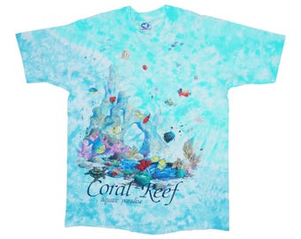 vintage 1992 Coral Reef Aquatic Paradise Liquid Blue Tie Dye Shirt